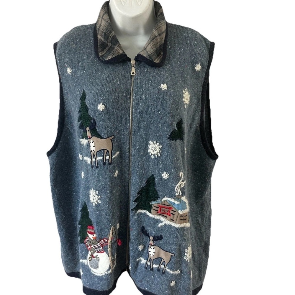 Victoria Jons size 4XL Festive Blue Zip-Up Vest with Snowman and Reindeer